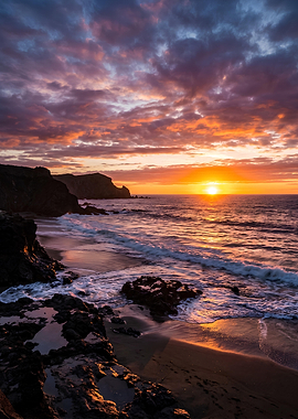 Dramatic Sunset Over Rocky Coastline