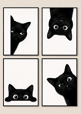 Four Black Cat Art Prints