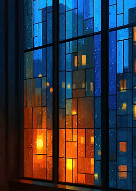 Rainy Cityscape Through Stained Glass Window