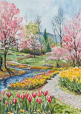 Spring Garden with Tulips and Cherry Blossoms