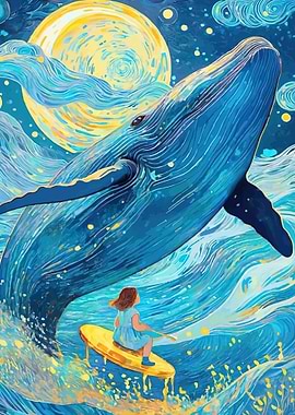 Whale and Girl Surfing Under Moon