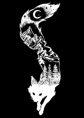 Fox Silhouette with Mountain and Night Sky