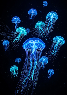 Bioluminescent Jellyfish in Dark Water