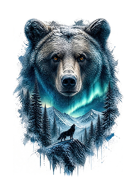 Bear and Wolf in Northern Lights Double Exposure