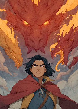 Young man facing dragons