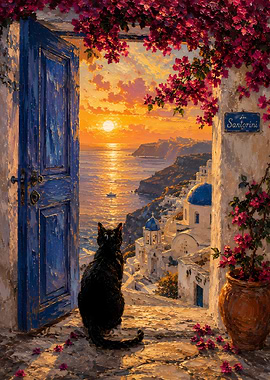 Black Cat Gazes at Santorini Sunset