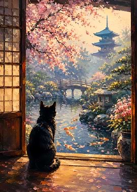 Black Cat in Japanese Garden