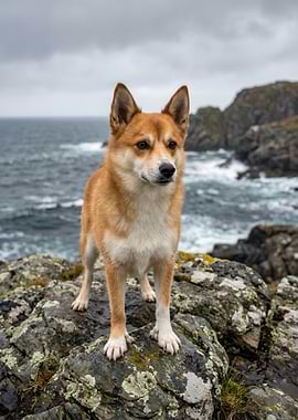 Dog on rocky coast