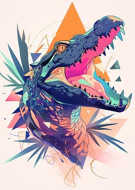 Vibrant Alligator Roaring with Geometric Background