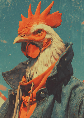 Rooster Chicken in Denim Jacket and Hoodie
