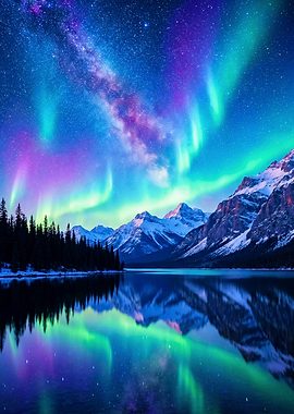 Aurora Borealis Over Mountains and Lake