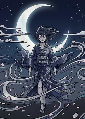 Yokaze Night Kimono Under Crescent Moon