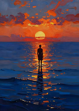 Silhouette against a vibrant sunset over the ocean