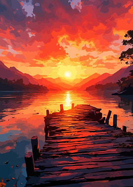 Sunset over a lake with a wooden pier