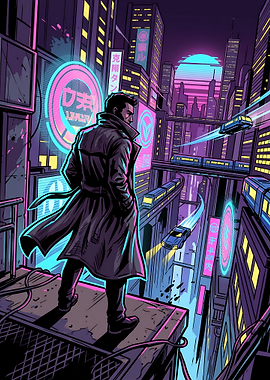 Cyberpunk Detective Overlooking Neon Night City