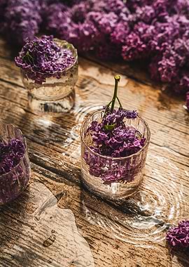 Lilacs in Water Glasses on Wood
