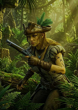 Pirate Woman with Flintlock Pistol in Jungle