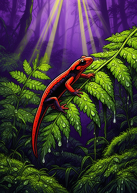 Red Salamander on Fern in Mystical Forest