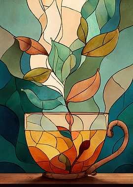 Stained Glass Tea Cup with Leaves