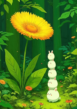 Cute Bunnies Stacked Under Giant Flower