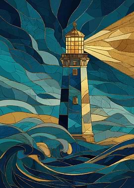 Stained Glass Lighthouse in Waves