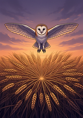 Barn Owl Flying Over Wheat Field at Sunset