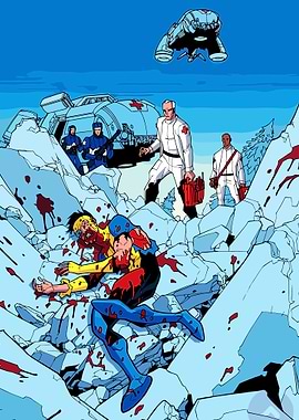 Invincible injured amidst rubble with medics