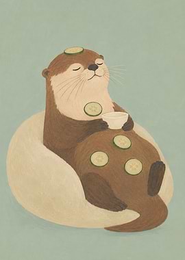Otter relaxing with cucumbers and tea