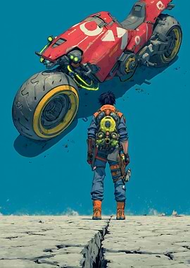 Cyberpunk character with futuristic motorcycle