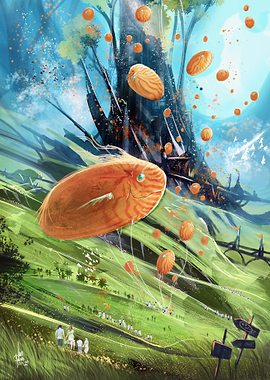 Fantasy landscape with flying creatures
