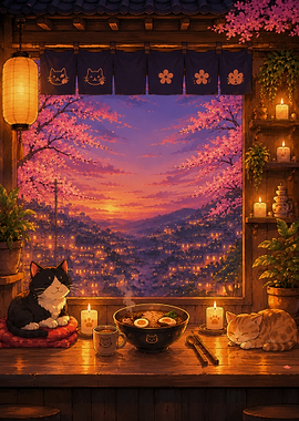 Cats enjoying ramen with you