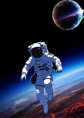 Astronaut floating in space near a planet