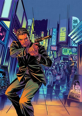 Man with gun in neon city