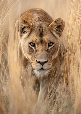 Lioness emerging from tall grass