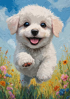 Happy Puppy in a Field of Flowers Painting