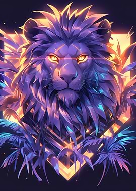 Neon Lion with Tropical Leaves