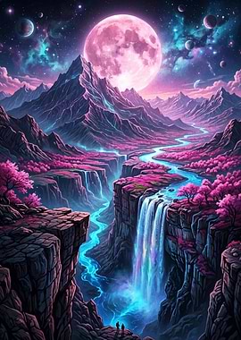 Surreal Alien Landscape with Pink Moon