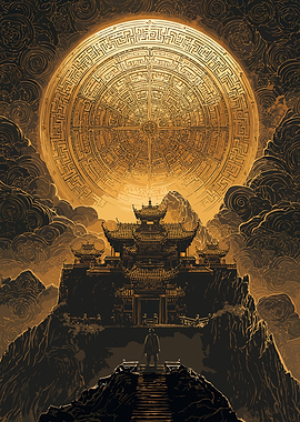 Asian Pagoda Temple Under a Golden Maze Sun