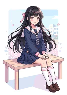 Anime Girl in School Uniform Sitting on Bench