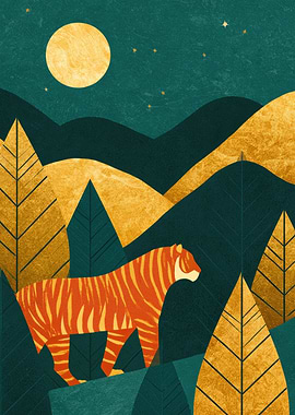 Tiger in a Moonlit Forest Landscape