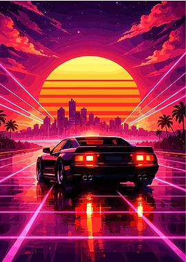 Retro Car Driving Towards Sunset Cityscape