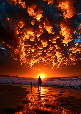 Father and Son Watching Fiery Sunset