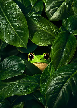 Frog Peeking Through Wet Leaves