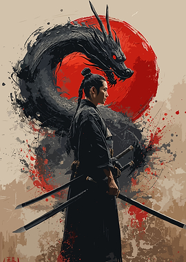 Digital Painting: Samurai Warrior with Black Dragon
