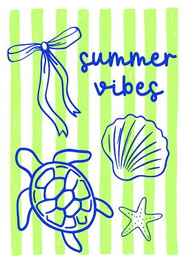 Summer Vibes Poster, Cute Turtle Beach Wall Art, Coastal Vacation Illustration Print