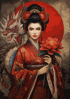 Asian Girl with Dragon and Flower