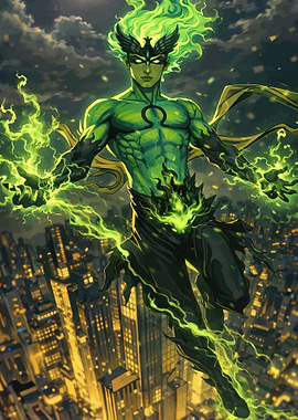 Green Energy Superhero Over City