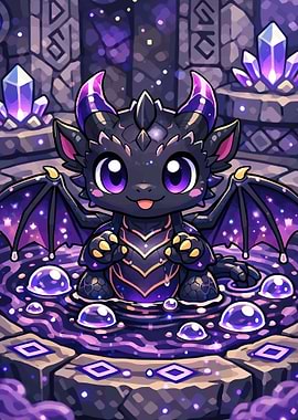 Cute Black Dragon in Purple Water
