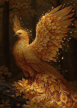 Golden Phoenix with Autumn Leaves