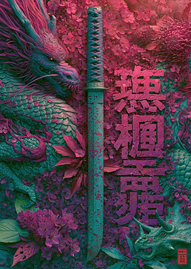 Dragon and Katana in Floral Setting